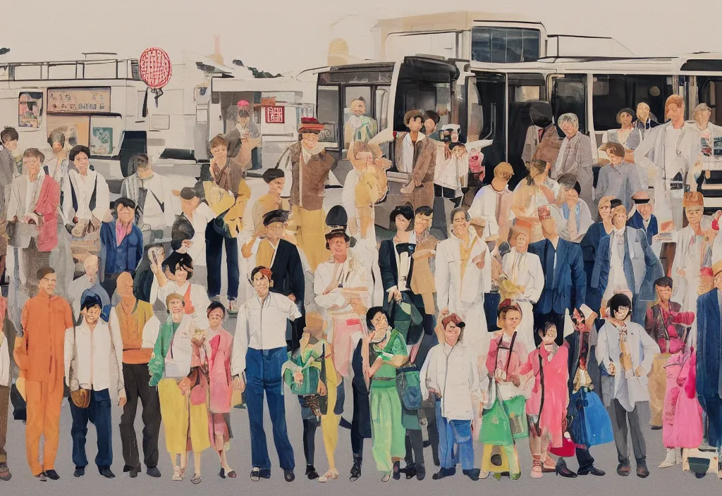 Image similar to full body portrait of a group, a row of a several european tourists getting off a tour bus, standing with a variety of poses and props, several character designs, sightseeing in rural japan, a detailed painting, in the style of wes anderson, lola dupre, david hockney, isolated on negative white space background dark monochrome neon spraypaint accents volumetric octane render