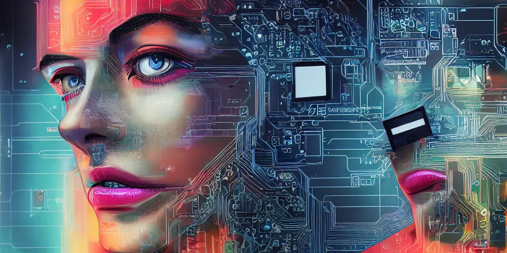 Prompt: portrait of computer & circuits, 8 k, by tristan eaton, trending on deviantart, face enhance, hyper detailed, minimalist, cybernetic, android, blade runner, full of colour, super detailed, cinematic, unreal engine, octane render, chalk texture on canvas