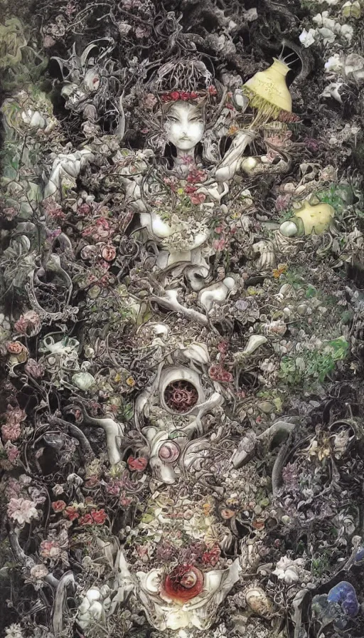 Image similar to life and death mixing together, by yoshitaka amano,