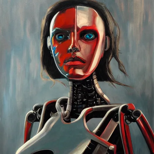 Image similar to robot woman, painting, detailed, dystopic