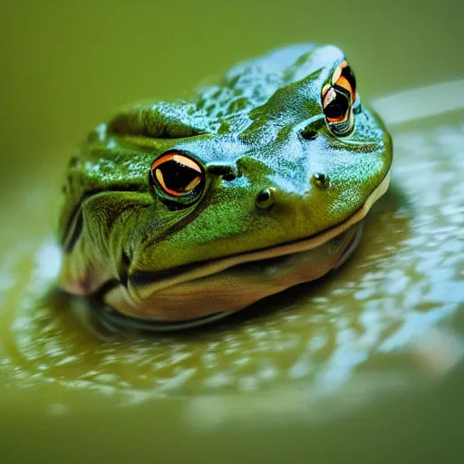 Image similar to hyperrealistic image of bullfrog, by thomas eakes & xiang duan & mike judge, perfect symmetry, dim volumetric lighting, photorealistic, 8 k octane beautifully detailed render, post - processing, extremely hyper - detailed, intricate, epic composition, lifelike attributes, cinematic lighting, masterpiece, trending on artstation, very very detailed, stunning,