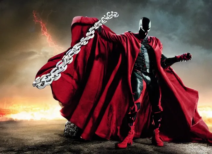 Image similar to film still of jamie foxx as spawn in the new spawn movie, giant chains, large cape, 8 k