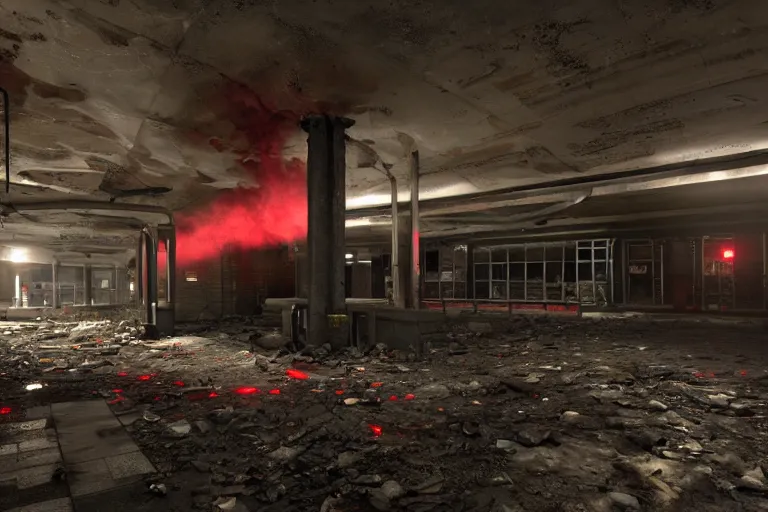 Image similar to ruined, abandoned, underground metro station. Pitch black darkness, red flares on the ground is the only light source. Smoke. Dirt and debris on ground. Unreal Engine. Substance painter. Zbrush. Trending on artstation. 8K. Horror. Resident evil. Highly detailed.