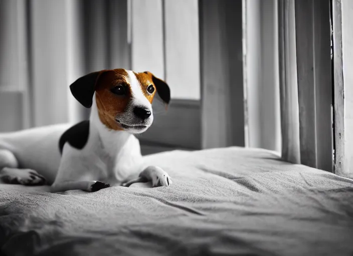 Image similar to photography of a jack russel. watching outside the window. on a bed. in a vintage room full of vinyls and posters, volumetric light, photorealistic, award winning photo, 1 0 0 mm, sharp, high res