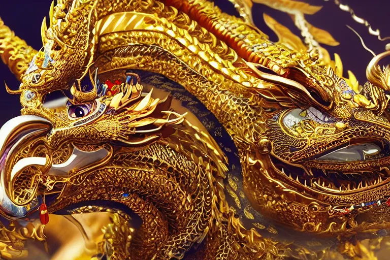 Prompt: cinematic closeup portrait of a miniature gold and silver chinese dragon intricately decorated with colorful jewels, detailed textures, midnight city lights, strong bokeh, dramatic lighting, unreal engine, cgsociety, artstation, 4k