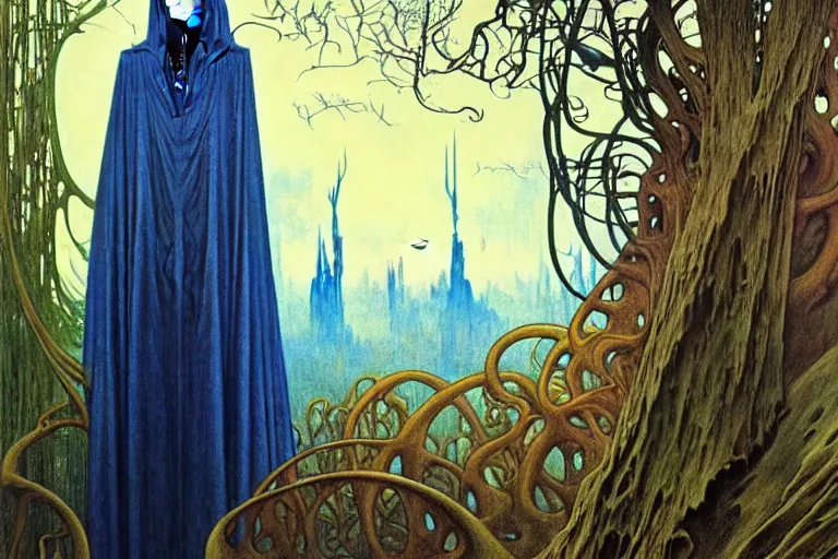 Image similar to realistic extremely detailed portrait painting of an elegantly creepy vampire man in a cape, futuristic sci-fi castle and forest on background by Jean Delville, Amano, Yves Tanguy, Alphonse Mucha, Ernst Haeckel, Edward Robert Hughes, Roger Dean, rich moody colours, blue eyes