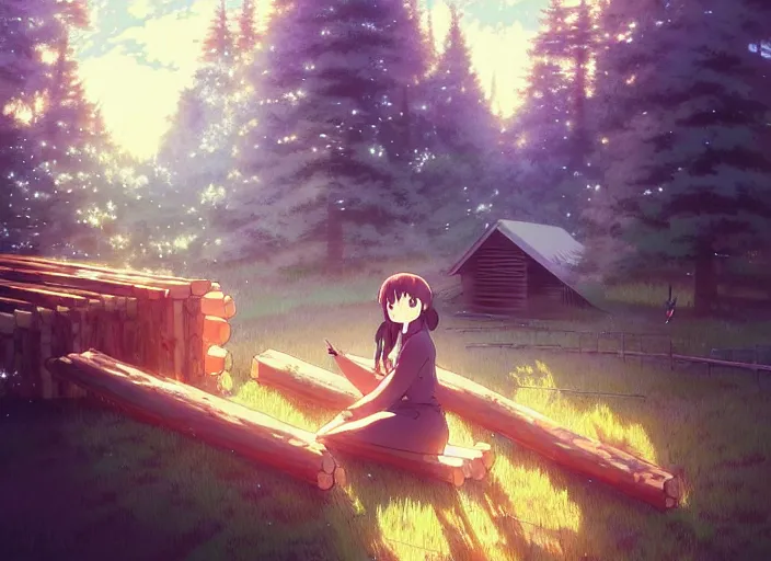 Image similar to portrait of a woman building a log cabin, illustration concept art anime key visual, very trippy and abstract, trending pixiv fanbox by wlop and greg rutkowski and makoto shinkai and studio ghibli and kyoto animation