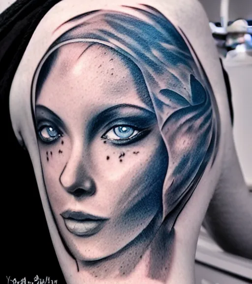 Image similar to tattoo design sketch of a beautiful blue - eyed woman face with a faded background of beautiful mountains and nature on her side, hyper - realistic, in the style of den yakovlev, amazing detail, black and white
