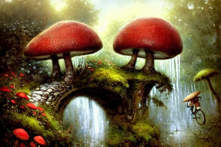 Image similar to adventurer ( ( ( ( ( 1 9 5 0 s retro future forrest of giant mushrooms, moss and flowers stone bridge waterfall and cottage. muted colors. ) ) ) ) ) by jean baptiste monge!!!!!!!!!!!!!!!!!!!!!!!!! chrome red