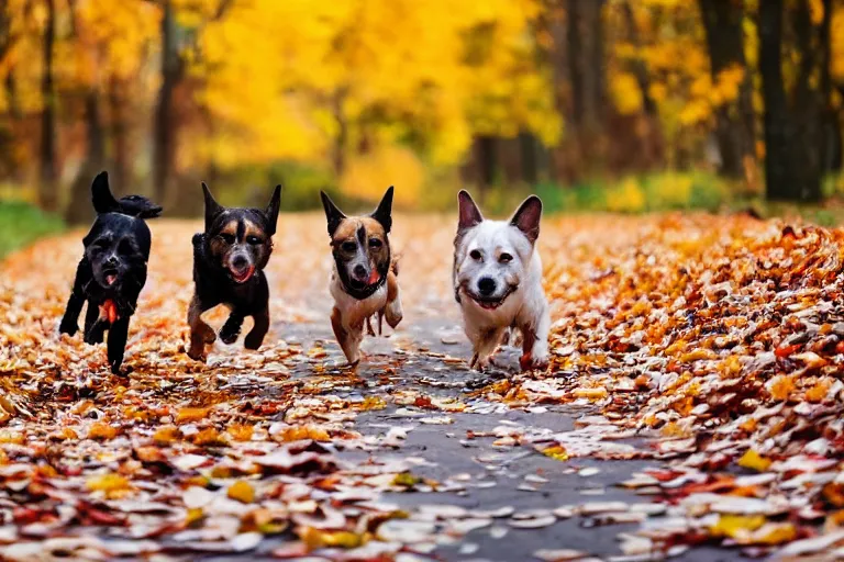 Image similar to dogs running through autumn leaves towards the camera, long shot, shot from below