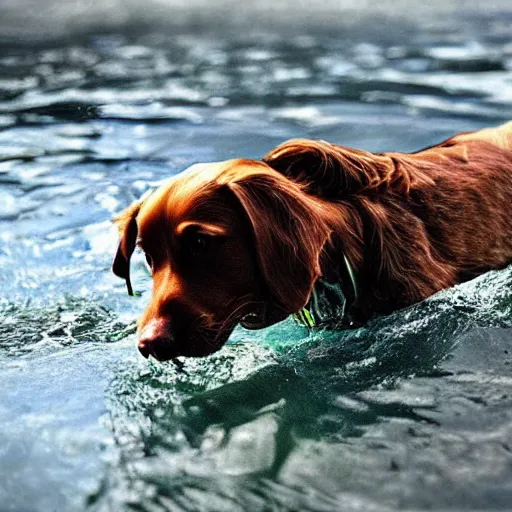 Image similar to dog emerging from the water cool cinematic movie realistic beautiful water