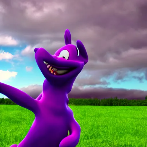 Image similar to a beautiful 3d render of a purple dog dancing, in the style of disney, dramatic clouds in background, the dog is doing a ballet dance, highly detailed, 8k resolution