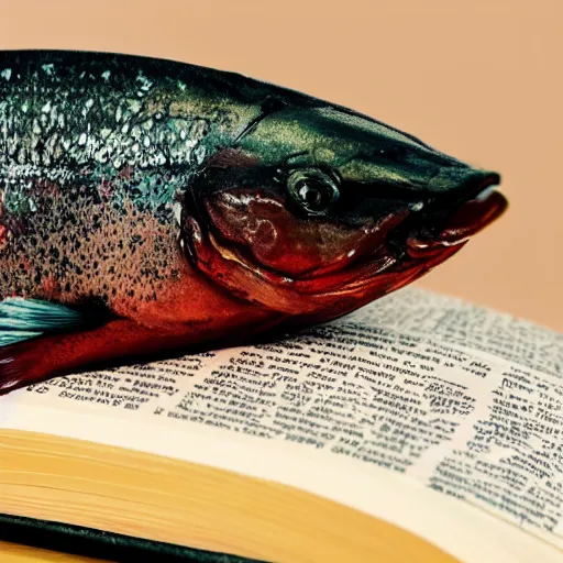 Prompt: a wet fish lying on top of a book