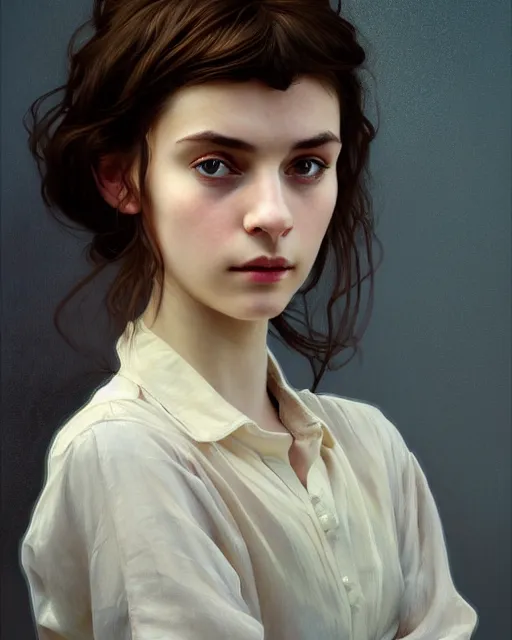 Image similar to portrait of a welsh teenage girl with brown hair, dark brown eyes, glowing skin, delicate features, quiet beauty, amelie poulain, fantasy, intricate, elegant, dress shirt, highly detailed, digital painting, artstation, concept art, smooth, sharp focus, illustration, art by Krenz Cushart and Artem Demura and alphonse mucha