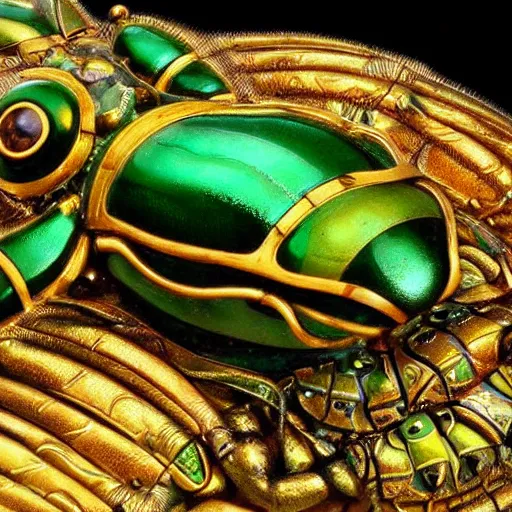 Image similar to a close up of a green and gold bug, an art deco sculpture by louis comfort tiffany, trending on cgsociety, cloisonnism, made of insects, steampunk, art deco