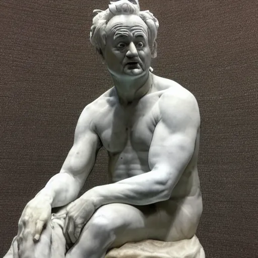 Image similar to bill murray as a marmor statue by michelangelo, church background