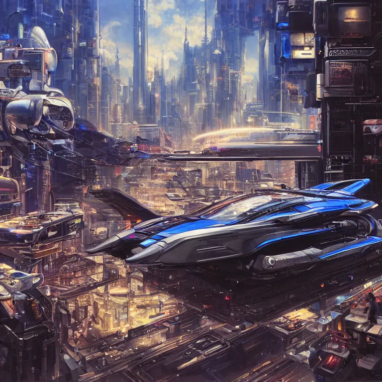 Prompt: hyperrealistic painting of a slice of life from a futuristic city, mechanical designs, futuristic vehicles, robotics, technological, cinematic, cyberpunk style, highly detailed, realism, acrylic on canvas, 8 k resolution, concept art, by noriyoshi ohrai, george luks, james gurney