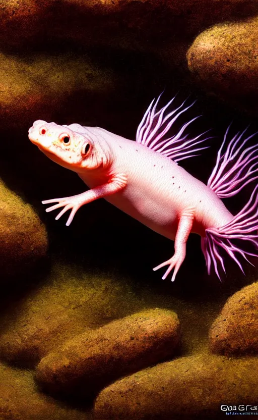 Image similar to axolotl mexican walking fish cute amphibian, wide angle shot by greg rutkowski