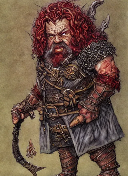 Image similar to full body of a dwarf sorcerer, beautiful! coherent! dungeons and dragons character, by brian froud, larry elmore, gerald brom, ralph horsley, wayne reynolds, strong line, deep color, chainmail, short red hair, high contrast