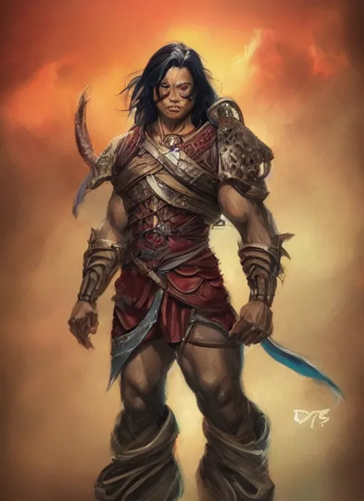 Image similar to muscly asian man mid parted hair, dndbeyond, bright, colourful, realistic, dnd character portrait, full body, pathfinder, pinterest, art by ralph horsley, dnd, rpg, lotr game design fanart by concept art, behance hd, artstation, deviantart, hdr render in unreal engine 5