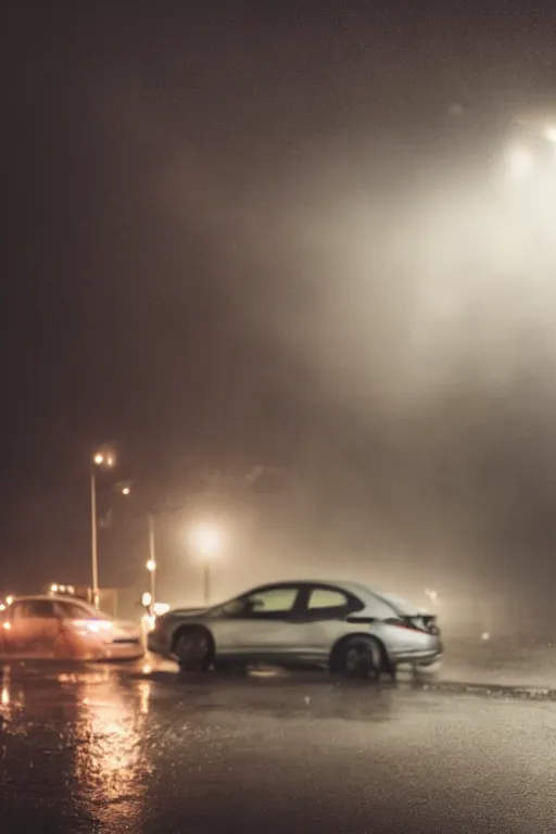 Image similar to Photo of a man sitting on the grey color car roof in the heavy rain at the city that sank , outdoor lighting, dynamic lighting, volumetric, wide angle, anamorphic lens, go pro, 4k