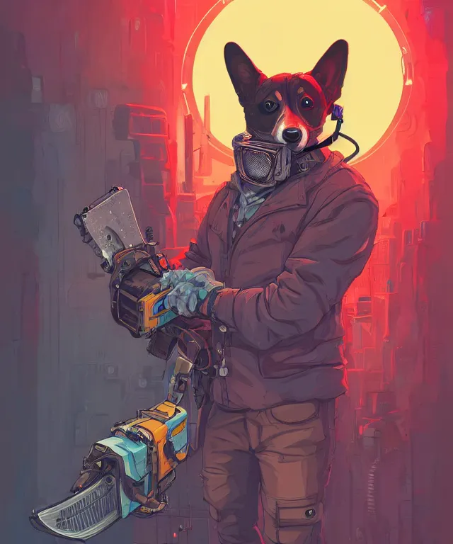 Image similar to a portrait of an anthropomorphic cyberpunk corgi holding a chainsaw, fantasy, elegant, digital painting, artstation, concept art, matte, sharp focus, illustration, art by josan gonzalez