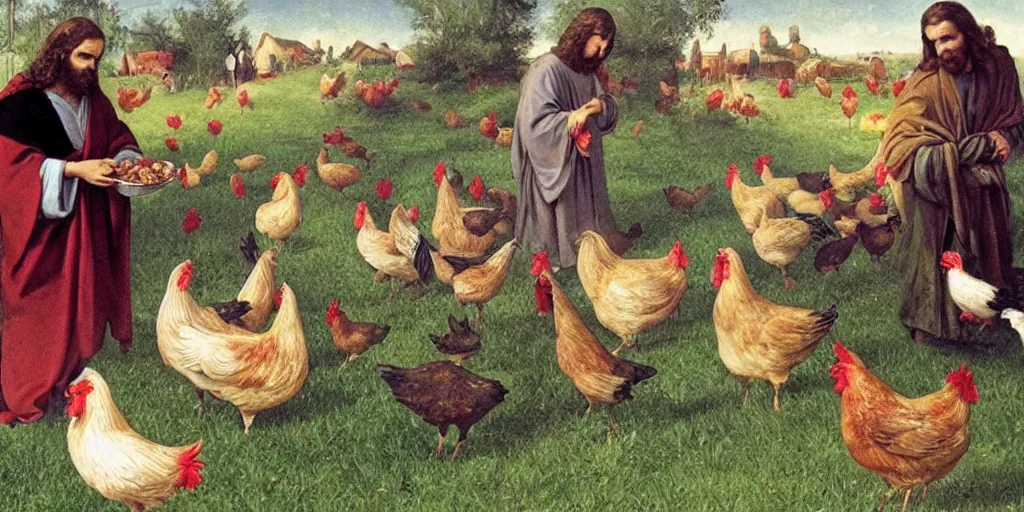 Image similar to Jesus is feeding the chickens