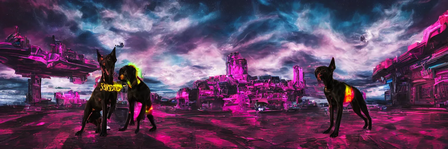 Image similar to space dogs with neon mohawks, dogs, doberman, space, dark, stars, pink, oil painting, pirate neon ship with punks on board, neon, rich deep colors masterpiece, ultra detailed, contrast, lots of roman arches, clouds, sky, volumetric light, atmospheric lighting, dramatic, cinematic, moody, octane render 4 k, 8 k