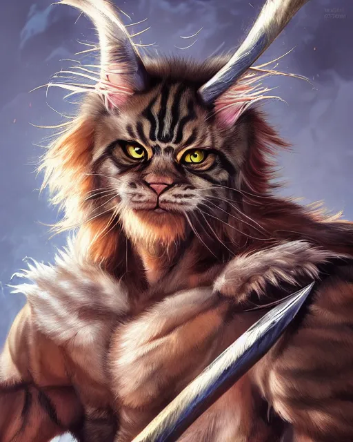 Prompt: portrait of a very cute fursona maine coon barbarian, muscular, wild, d & d, fantasy, intricate, full - length, cinematic lighting, highly detailed, digital painting, artstation, concept art, smooth, sharp focus, illustration, art by hajime sorayama