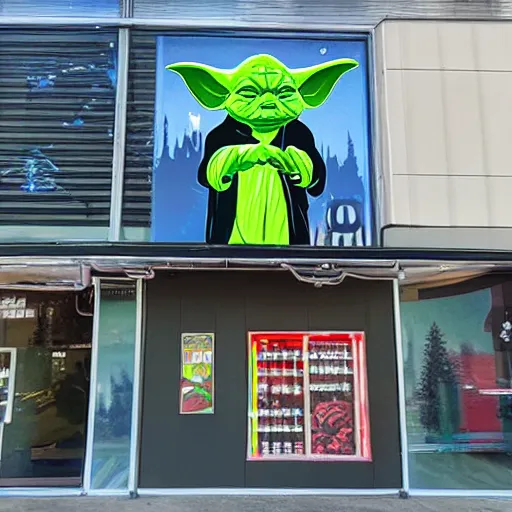 Image similar to yoda themed vape and bong shop exterior