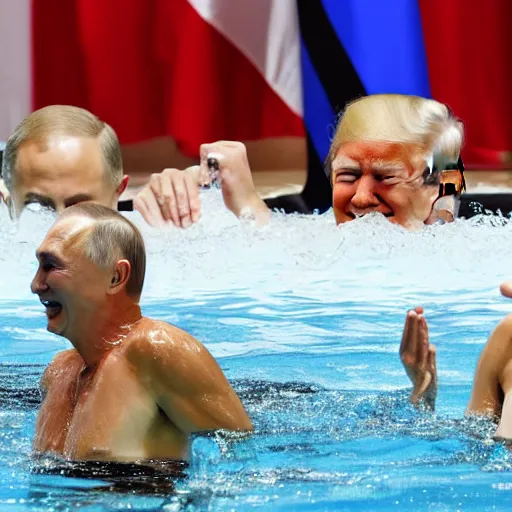 Prompt: putin, trump, obama and bush are swimming while having a water fight and smiling