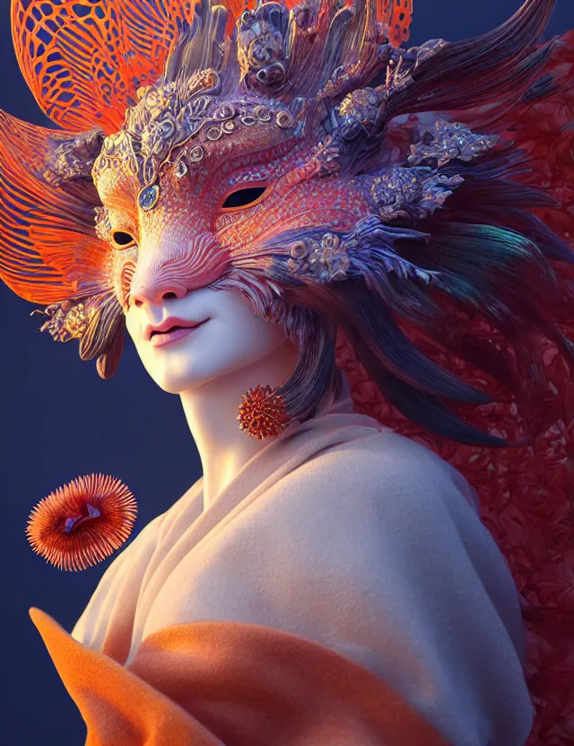 Image similar to 3 d goddess close - up profile portrait. beautiful intricately detailed japanese autumn fox mask and clasical japanese kimono. betta fish, jellyfish phoenix, bio luminescent, plasma, ice, water, wind, creature, artwork by tooth wu and wlop and beeple and greg rutkowski