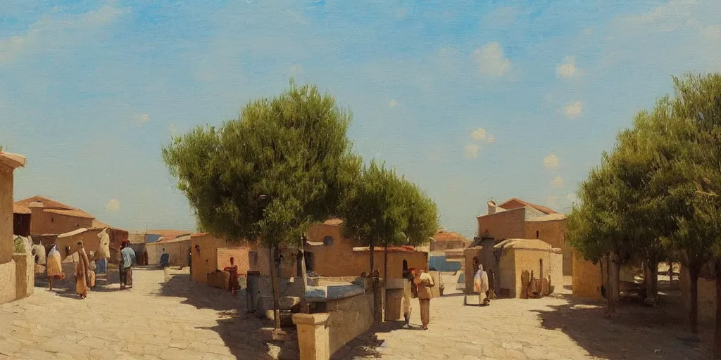 Image similar to a beautiful painting of a mediterranean fishing village in summer by peter ilsted, whitewashed housed, cypress trees, cyan shutters on windows, trending and featured on artstation and behance, people walking down a street