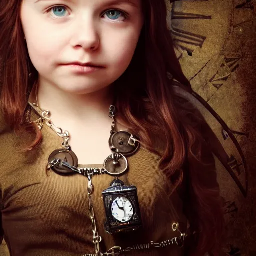 Prompt: steampunk portrait of little girl wears a clock necklace