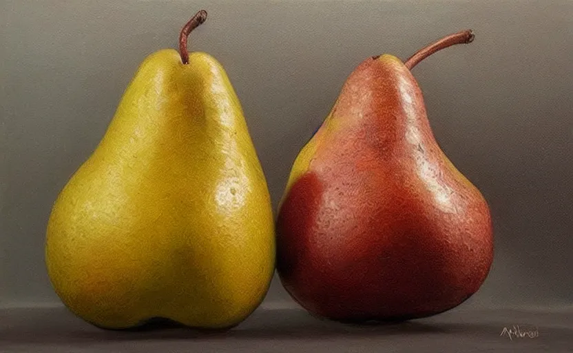 Prompt: a hyper-realistic oil painting of a pear; hyper-detailed; an extraordinary masterpiece!!!; flawless; trending on artstation
