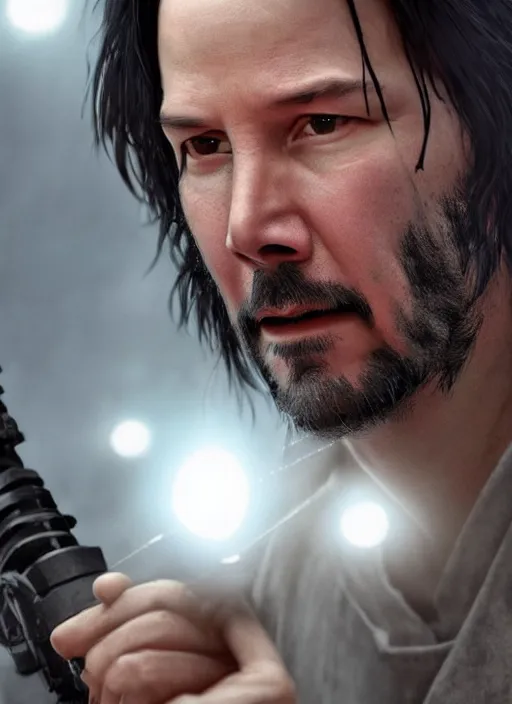 Image similar to close - up keanu reeves as a jedi holding a lightsaber, greg rutkowski, 8 k, shallow depth of field, intricate detail, concept art,