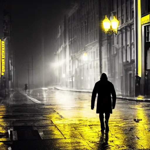 Image similar to A dramatic portrait painting of a man wearing yellow rain coat , walking in a black and white street . Cinematic lighting