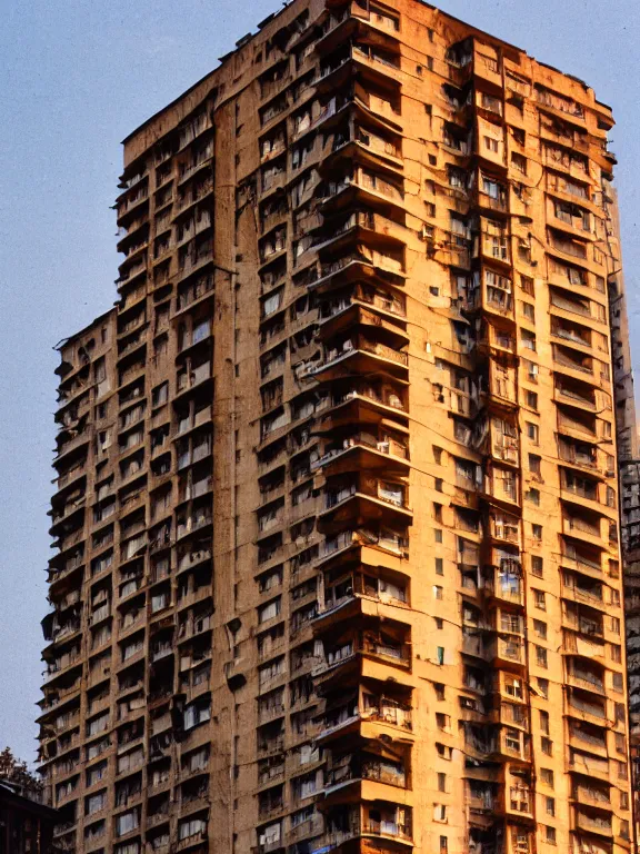 Prompt: photo of a soviet panel residential low height building, extreme wide shot, golden hour, kodak gold 2 0 0, side - view