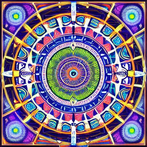 Prompt: Symmetrical geometric psychedelic mandala With astrological details, brightly coloured with a central focus, art by Salvador Dali , intricate lines and very detailed patterns , Alex grey and 70’s rock poster styling