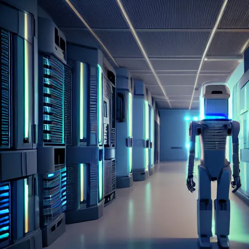 Image similar to hyperrealism stock photo of highly detailed stylish humanoid robot in sci - fi cyberpunk style by gragory crewdson and vincent di fate that working in the highly detailed data center by mike winkelmann and laurie greasley rendered in blender and octane render