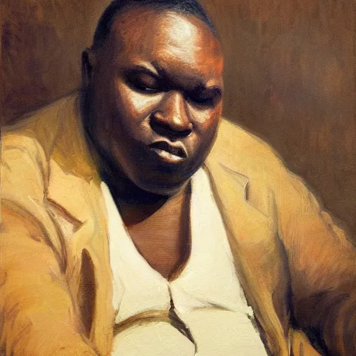 Image similar to a painting of a elegant, chubby, smooth-chinned, long nose, African, elder with few eyebrows by Henry Ossawa Tanner . thinker without facial hair, thoughtful, focused, visionary, calm, jovial, loving, fatherly, generous, . dramatic angle, ethereal lights, details, smooth, sharp focus, illustration, realistic, cinematic, artstation, award winning, rgb , unreal engine, octane render, cinematic light, macro, depth of field, blur, red light and clouds from the back, highly detailed epic cinematic concept art CG render made in Maya, Blender and Photoshop, octane render, excellent composition, dynamic dramatic cinematic lighting, aesthetic, very inspirational, arthouse.