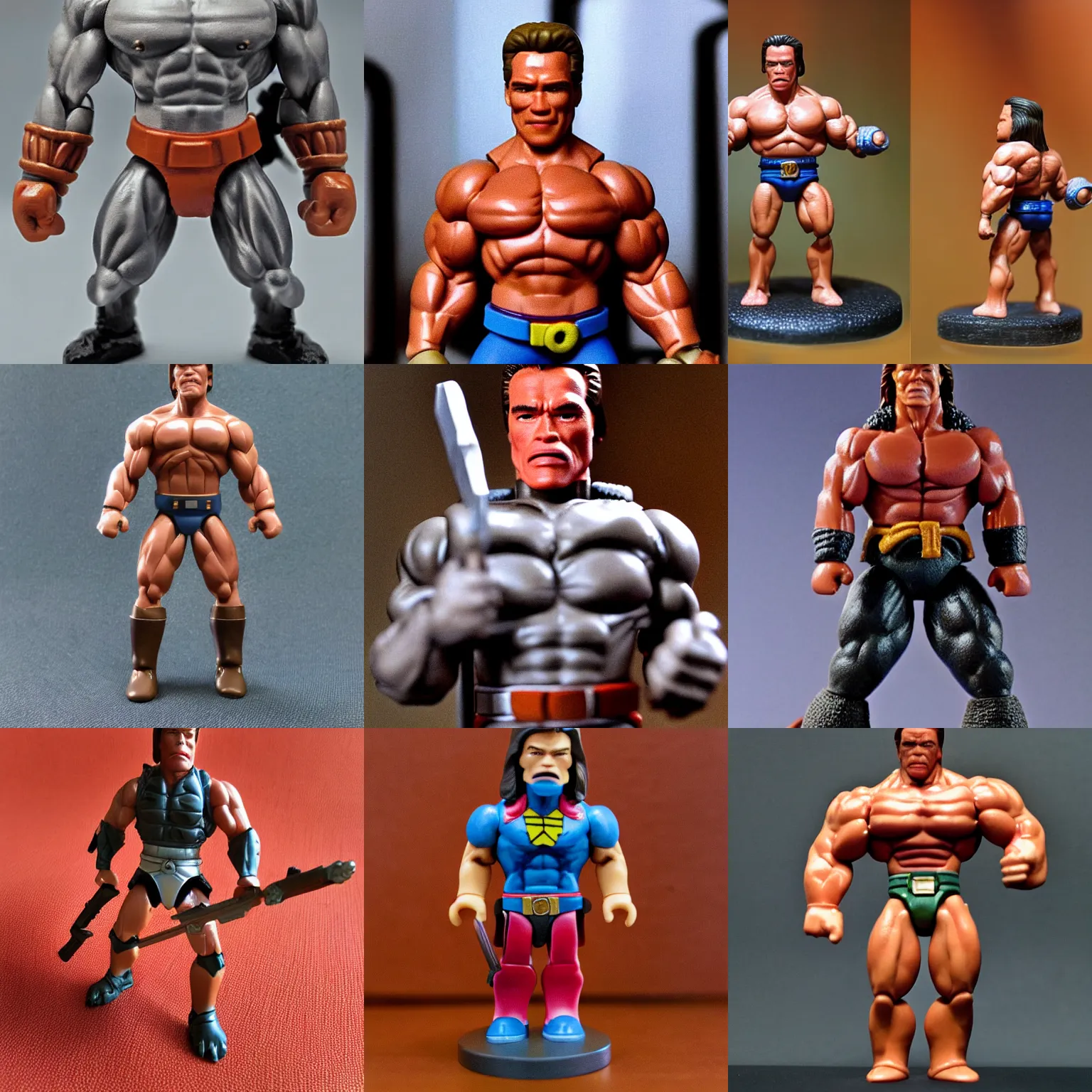 Prompt: Arnold Schwarzenegger in Conan mini figure, Similar to He-Man action figure muscles, high detail photograph, 35mm