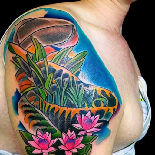 Image similar to Full body tattoo, ink, koi pond, blue water, koi swimming, water lilies, lily pads, rain drops, water ripples, overhead view, studio ghibli style