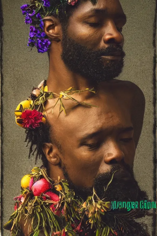 Prompt: African man's face in profile, long beard, made of flowers and fruit, in the style of the Dutch masters and Gregory crewdson, dark and moody