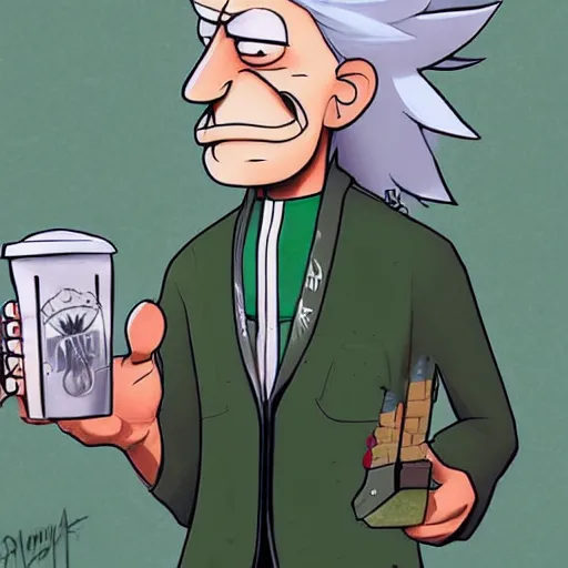 Image similar to Rick Sanchez at starbucks, artstation, digital art, award winning