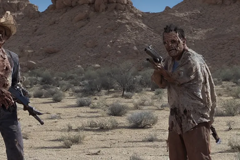 Image similar to zombie Tuco Salamanca in the desert, upper body shot, movie still, photorealistic, clean composition, real shot