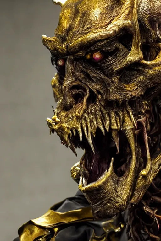 Image similar to photo taken of an epic intricate, ultra detailed, super realistic sculpture of a nightmarish hellish demonic grim reaper animatronic on display in a workshop, created by weta workshop, full body shots, photorealistic, sharp focus, f 0. 4, face centred, macro photography, golden ratio, golden hour