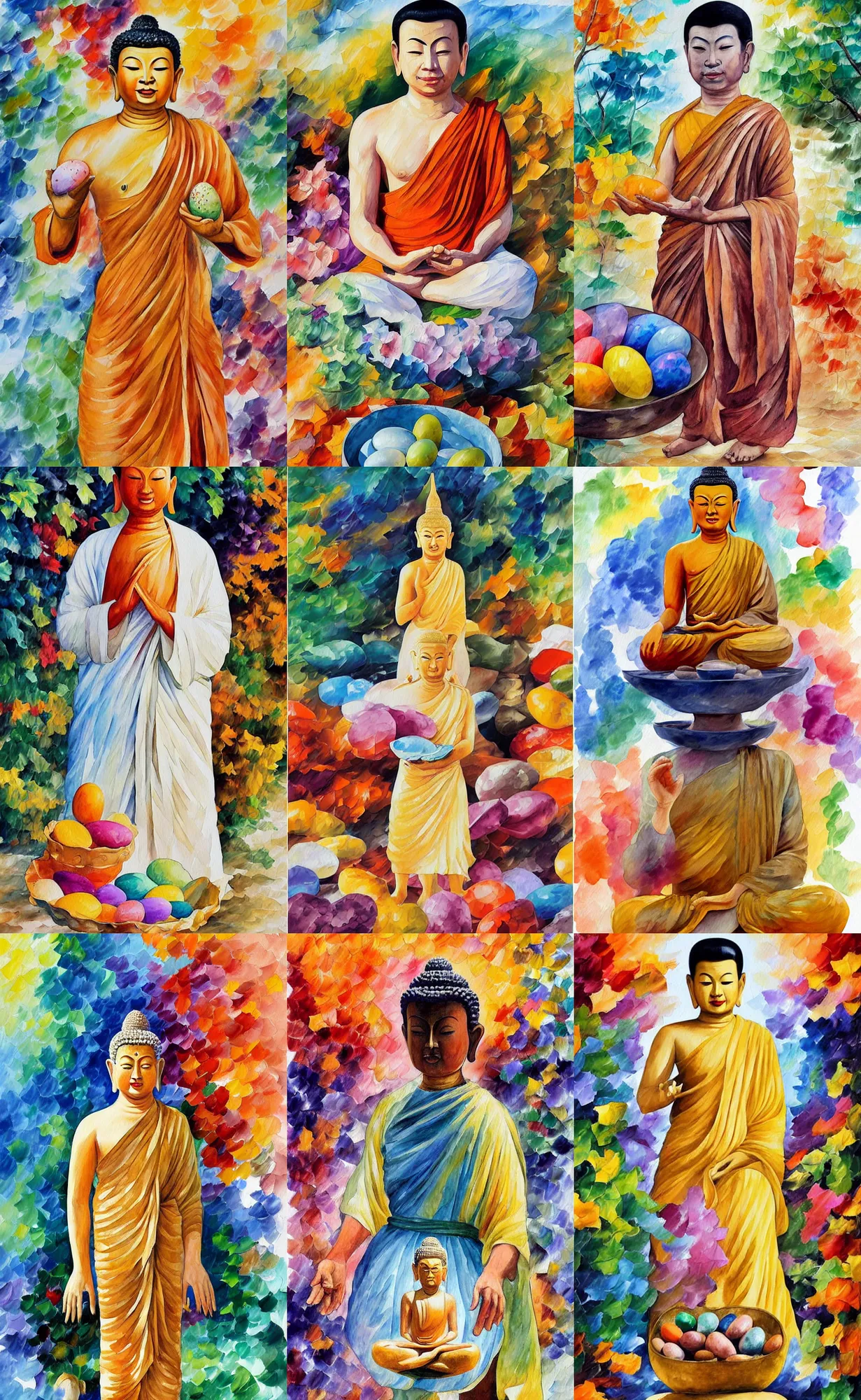 Prompt: watercolour painting of a standing thai budha, long tunic, barefoot, holding in the hands easter eggs, by wes anderson by leonid afremov by ivan bilibin, muted colors