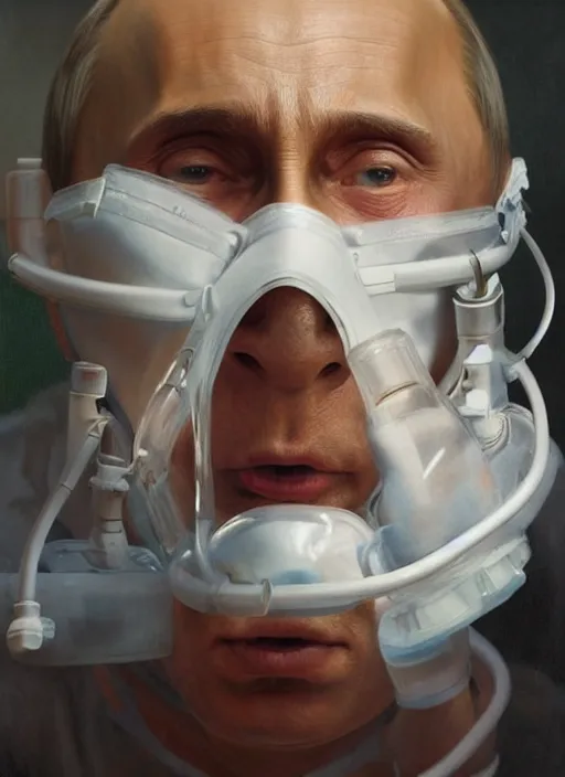 Image similar to a super very hyperrealistic oil painting of ill Vladimir Putin as a patient wearing an oxygen mask on a death bed inhaling from Copium tank that stand near his bed, visible face, by Laurie Greasley, Lawrence Alma-Tadema, Dan Mumford, artstation, deviantart, FAN ART, full of color, Digital painting, face enhance, highly detailed, 8K, octane, golden ratio, cinematic lighting