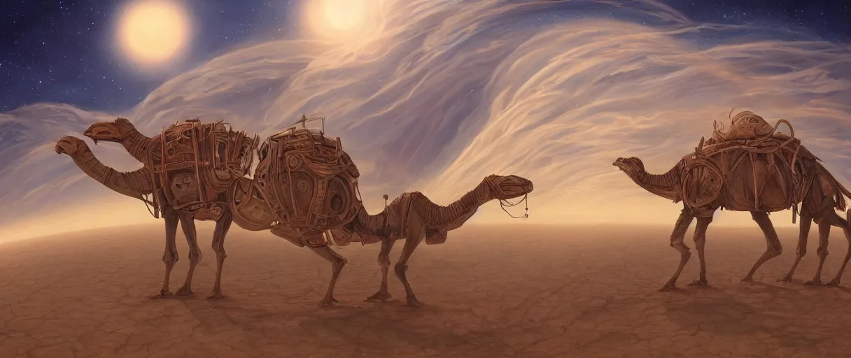 Image similar to a beautiful illustration of a winding wooden structure on the back of a giant alien camel traveling an expansive desert with a ringed planet on the horizon in the style of Rob Lefield and Ralph McQuarrie, Daniel Merriam :.1, trending on artstation, digital art, third person perspective, wide angle, establishing shot